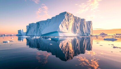 Majestic iceberg floating in calm arctic ocean waters with stunning reflection at sunset