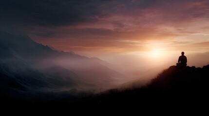 Fototapeta premium A silhouetted figure meditates on a mountain edge at sunrise with misty valleys and dramatic skies creating a serene spiritual atmosphere