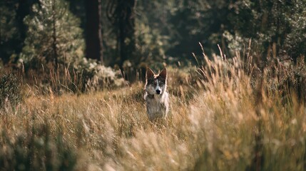 Obraz premium Dog in the tall grass: A loyal canine enjoys the fresh air and open space, surrounded by tall grass. Surrounded by the serene of nature.