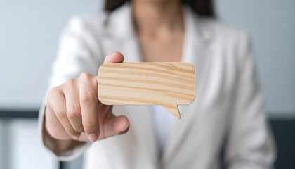 Businesswoman hand reaching wooden speech bubble symbol of conversation