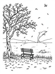 Minimilist illustration of a tree, bench, lake, and dolphins with falling leaves in black and white style vector
