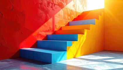Boldly colored staircase ascending into radiant light against textural red and yellow walls, casting dynamic shadows on concrete floor