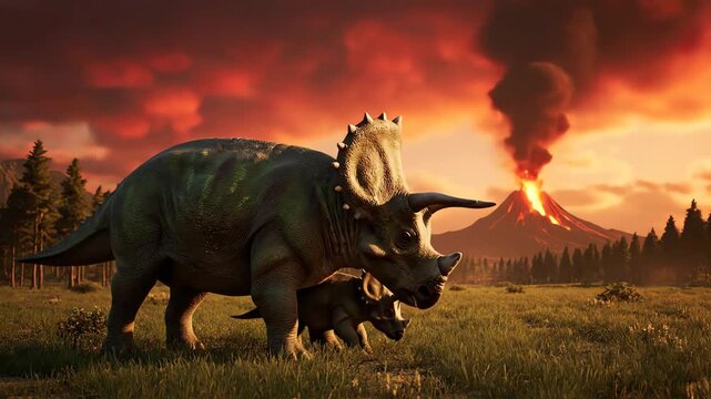 Highly detailed digital illustration of a triceratops mother and calf walking across a prehistoric plain under a dramatic orange sky with an erupting volcano.