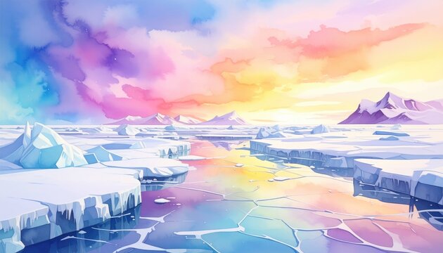 An abstract arctic expanse with ice floes & distant snowy mountains reflecting pastel sky colors in melting sea channels