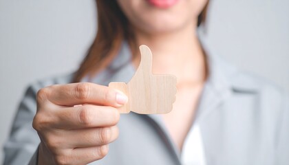Wooden thumbs up icon touched by businesswoman hand for success and approval concept