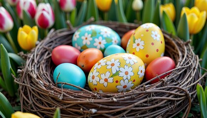 Vibrant Nest of Colorful Easter Eggs Surrounded by Blooming Tulips in a Spring Garden