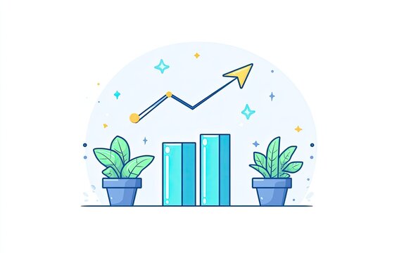 Abstract illustration of growth and success.  Two teal bar graphs with upward trend, potted plants