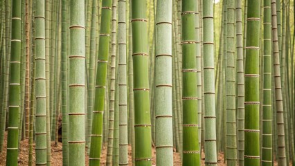 Obraz premium Vertical bamboo stalks create a serene and lush environment in a tranquil forest setting