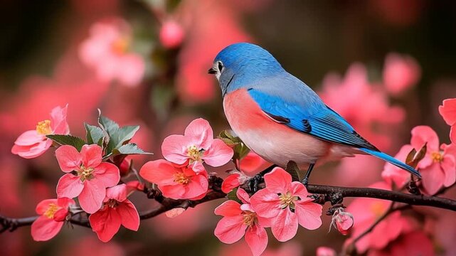 A charming bluebird perched amidst a profusion of vibrant pink blossoms.