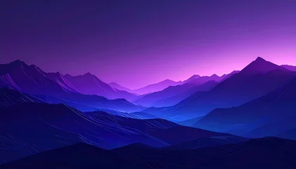 Foto auf Acrylglas Aubergine Abstract mountain range in shades of deep blue and purple hues, layered with a glowing pink/purple sky  © angelica