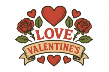 Valentine's day emblem featuring a blend of roses, hearts, and text, creating a classic feeling for celebration