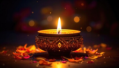 Decorative bowl holding a flame, surrounded by petals, creates a warm, inviting glow against a dark, bokeh-filled background