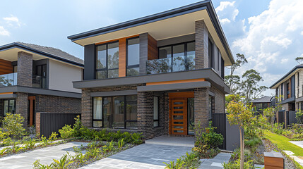 Modern two storey house with brick and wood exterior, large windows, and landscaped garden under bright blue sky, showcasing contemporary residential architecture and peaceful suburban living