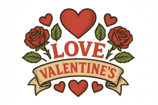 Valentine's day emblem featuring a blend of roses, hearts, and text, creating a classic feeling for celebration
