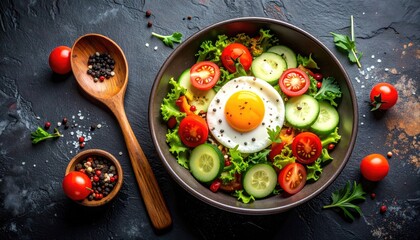 Fresh salad with a fried egg, sliced tomatoes, and cucumbers in a bowl next to a wooden spoon against a dark stone surface