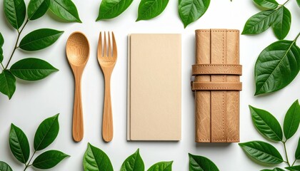 Overhead shot of utensils, a journal, and a wrap surrounded by green leaves, all on a stark white background, creating a natural, organic feel