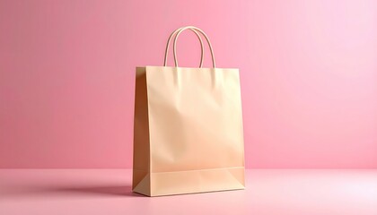 An upright tan paper shopping bag with beige handles stands on a matching pink backdrop, softly lit, casting subtle shadows on the surface