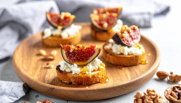 Four toasted bread slices are topped with creamy cheese, fig slices, nuts and drizzled with honey on a round wooden board, soft background
