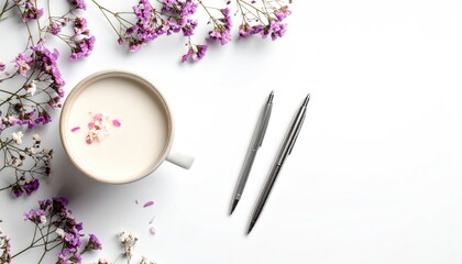 Serene flat lay a mug of creamy liquid, two sleek pens, and delicate purple flowers scattered on a clean, white surface