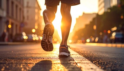 Dynamic Legs of an Urban Runner at Golden Hour, Capturing the Energy of a Morning Jog or Evening Workout on a Reflective City Street, Symbolizing Health and Vitality