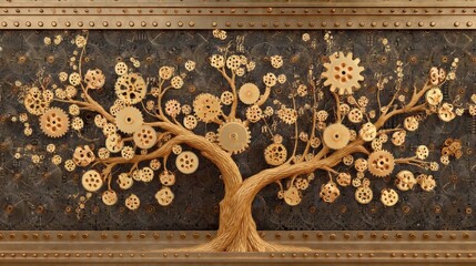 Artistic depiction of a metal tree adorned with gears and cogs on a textured background in steampunk style