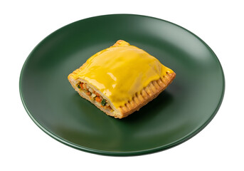 A delectable pastry, topped with vibrant yellow glaze, rests on a deep green plate against a black backdrop.