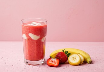Fruit Smoothie with Banana and Strawberry on Studio Light Yellow Background 
