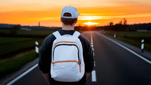 Young traveler with backpack walks down an empty road at sunset in a serene countryside setting