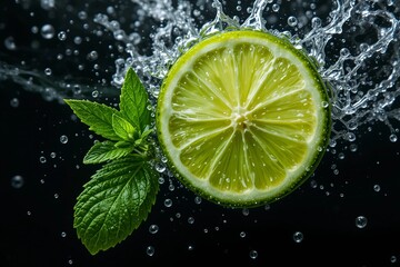 Mint Leaves and Lime Slice Splashing Underwater on Black Background