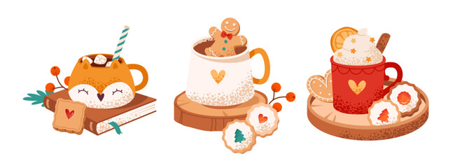 Cute Christmas hot cocoa set with cookies marshmallows. Cozy winter drink with whipped cream and sweet pastries. Flat vector illustration.