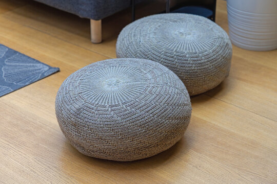 Grey Wool Fabric Footstool Pouffes Tabouret Ottoman in Living Room