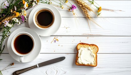 Overhead of two coffee cups, a cheese-spread toast, wildflowers, & a knife on a white wooden table. Morning light illuminates the scene