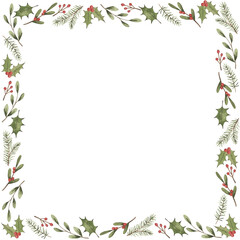 The Nutcracker. Watercolor hand-drawn square template with сhristmas plants, twigs and berries. Whimsical christmas card for design invitation, greeting card.