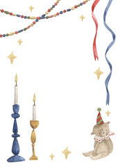 The Nutcracker. Watercolor hand-drawn template with nutcracker, toys, candle holder, garland and stars. Whimsical christmas card for design invitation, greeting card.