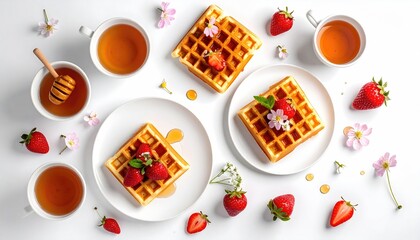 A flat lay of breakfast waffles with fresh strawberries, honey, and tea, garnished with delicate flowers against a bright, clean white background