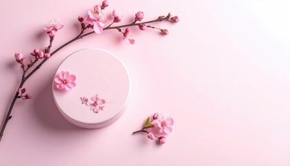 A delicate pink blossom branch drapes atop a round, simple box on a pastel surface, evoking a gentle, tranquil, and elegant aesthetic