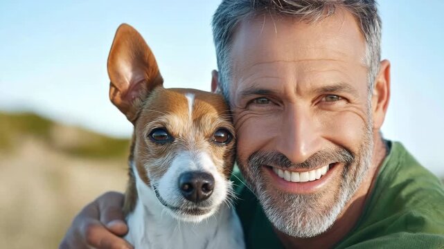 Man and his dog share a joyful moment outdoors on a sunny day near the beach