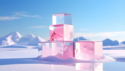 Pink & clear ice cubes stacked atop snow against a backdrop of snowy mountains and a bright blue sky, creating a cool, serene visual