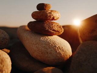 balanced stacked stones in soft natural light, shallow depth of field