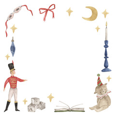 The Nutcracker. Watercolor hand-drawn square template with nutcracker, toys, mask, candle holder, bow, moon and stars. Whimsical christmas card for design invitation, greeting card.