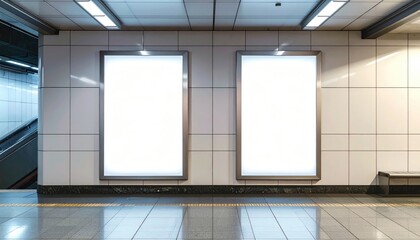 Two blank poster frames hang in a modern subway station with a tiled wall and polished floor, ready for advertisement