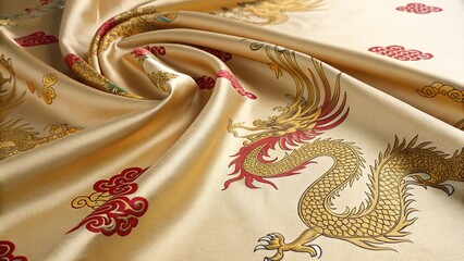 Elegant Chinese silk fabric featuring intricate dragon designs and vibrant colors, perfect for cultural attire or home decor projects