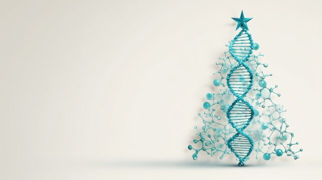 Artistic Representation of a DNA Christmas Tree with Blue Color and Decorative Elements for Scientific Holiday Themes
