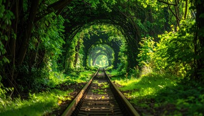 Railway tracks disappear into a natural green tunnel of dense foliage in a forest, illuminated by light at the tunnel's distant end