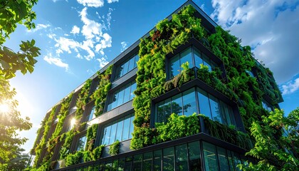 Green facade lush greenery covering a modern building with large windows, under a bright blue sky
