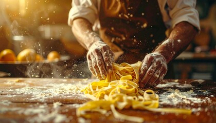 Mixing Fresh Pasta Dough on Wooden Board Culinary Arts and Food Preparation