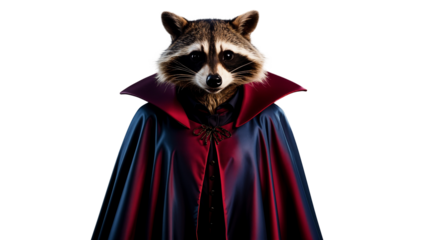 Raccoon vampire with a striking red and blue cape and a serious expression, isolated on transparent background
