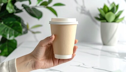 A hand holds a closed beige cup with a white lid, set against green plant and marble backdrop in soft focus