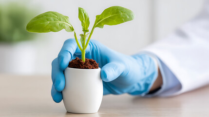 Scientist holding a small potted plant with green leaves in a laboratory setting