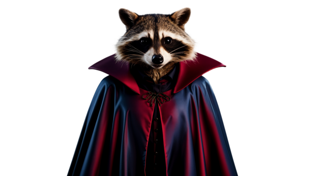 Raccoon vampire with a striking red and blue cape and a serious expression, isolated on transparent background